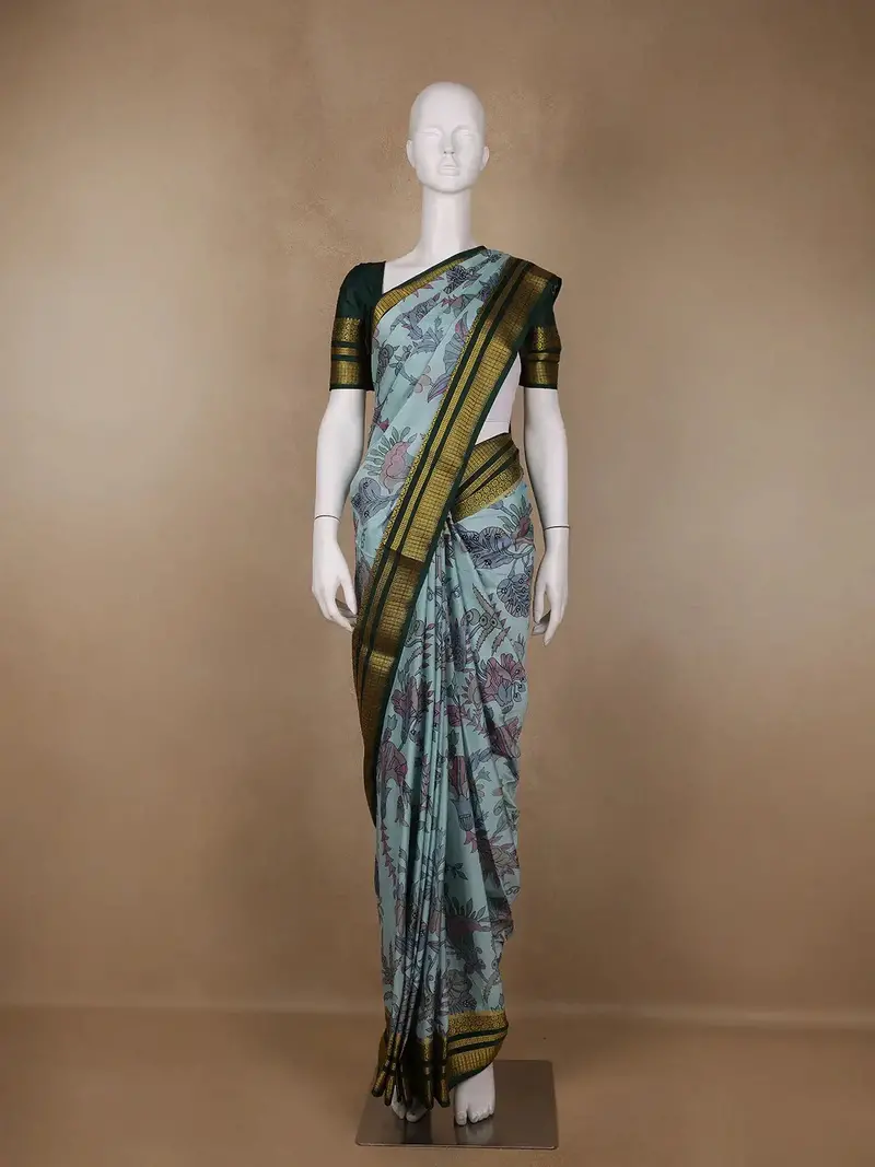 Sky Blue Floral Printed Chiffon Saree 1