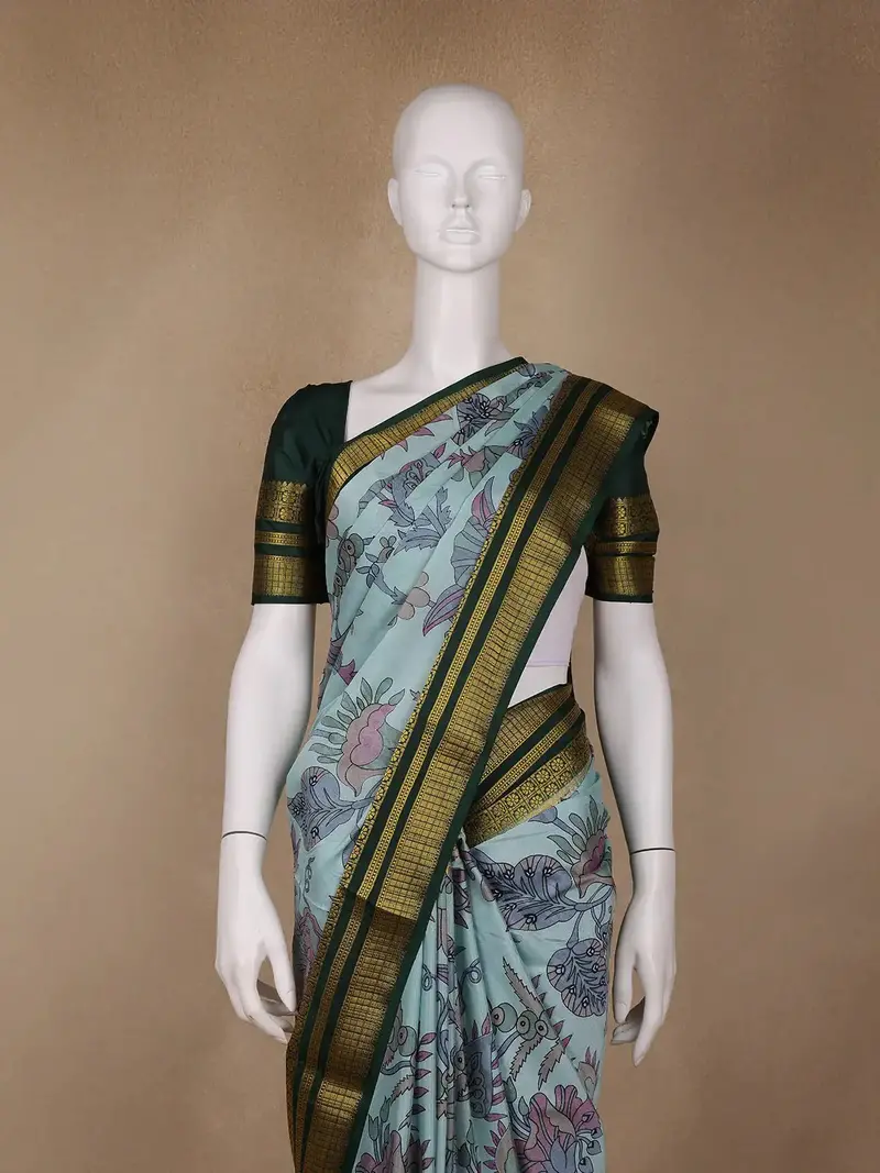 Sky Blue Floral Printed Chiffon Saree 2