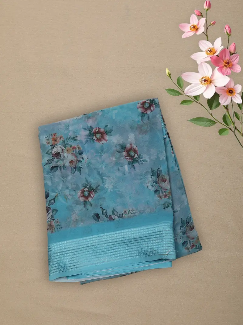 Sky Blue Floral Printed Chiffon Saree With Self Woven Border 1