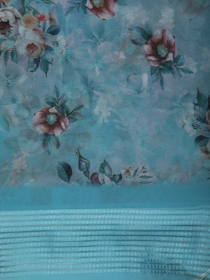 Sky Blue Floral Printed Chiffon Saree With Self Woven Border 2