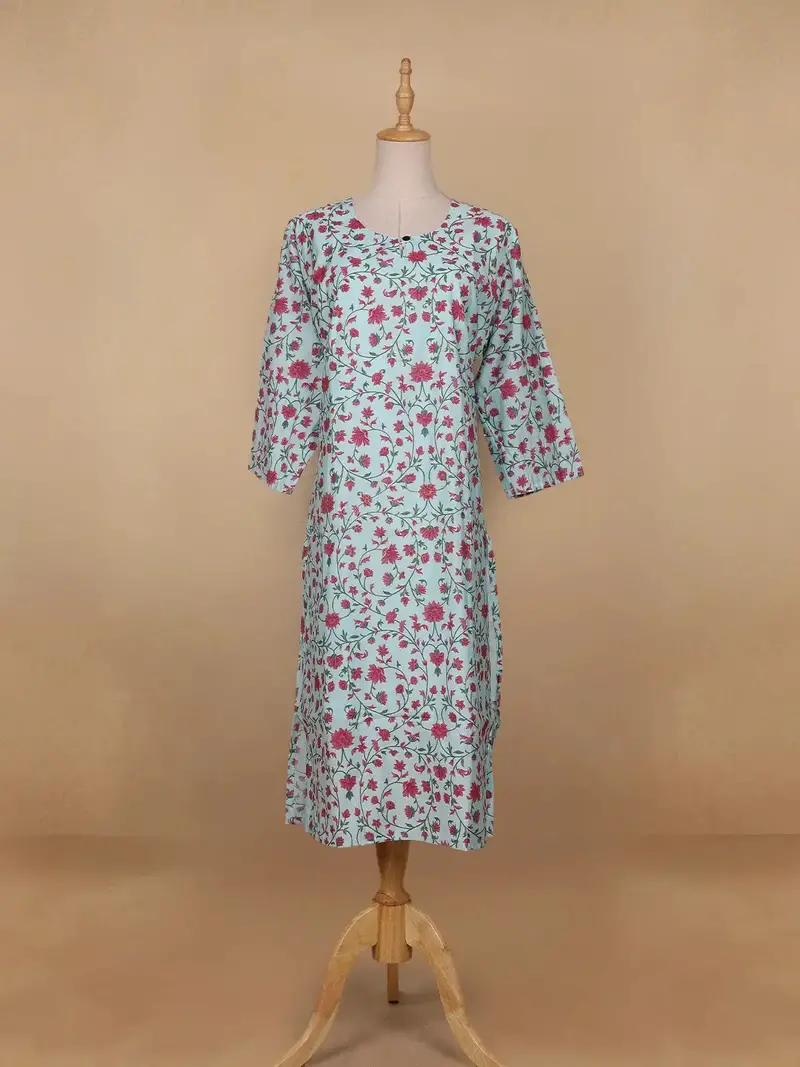 Sky Blue Floral Printed Cotton Kurti 1