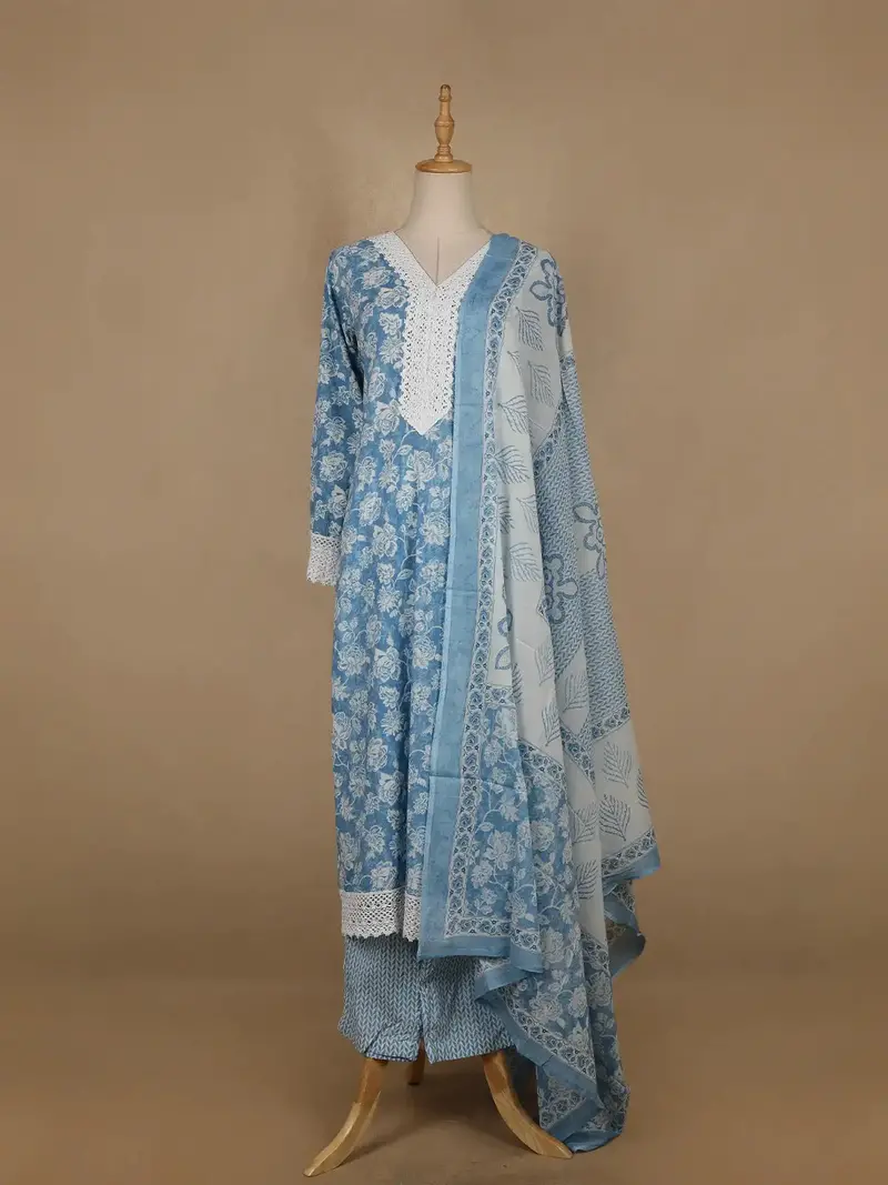 Sky Blue Floral Printed Cotton Salwar Suit 1