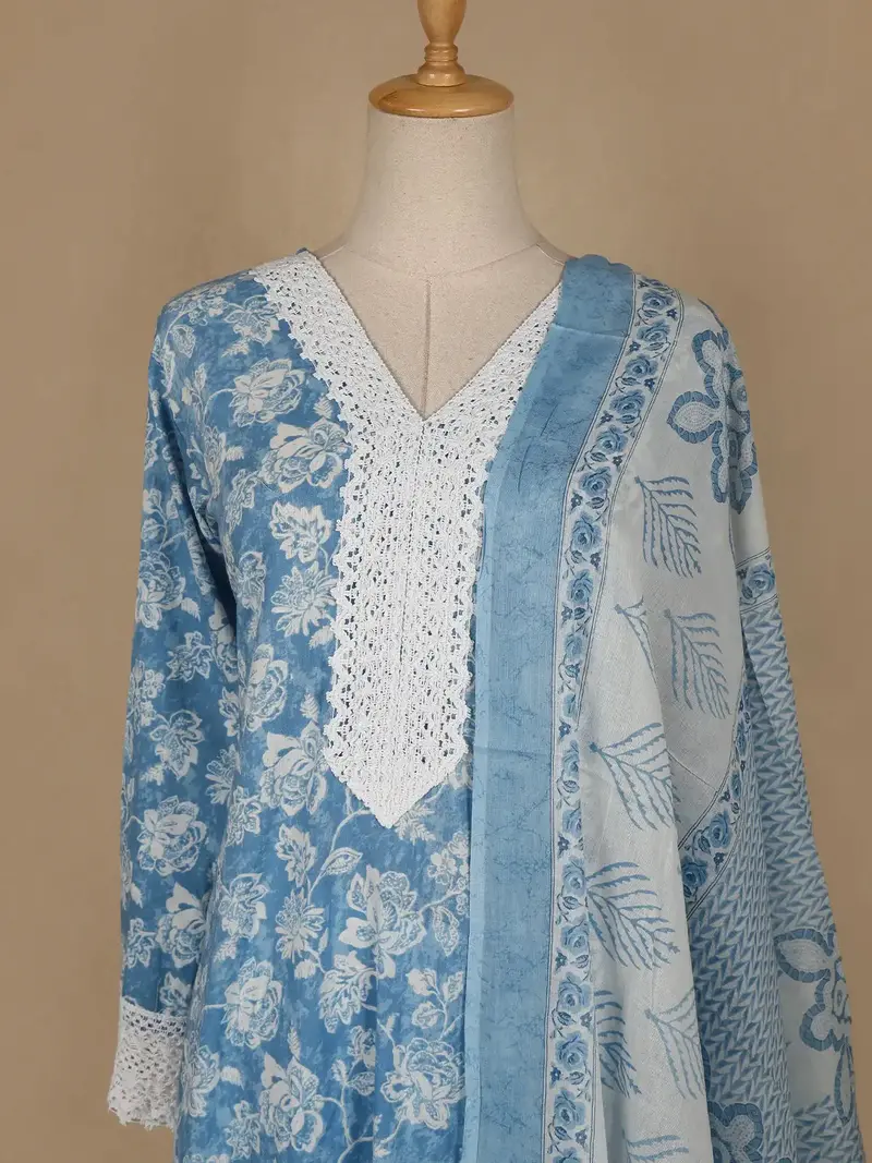 Sky Blue Floral Printed Cotton Salwar Suit 2