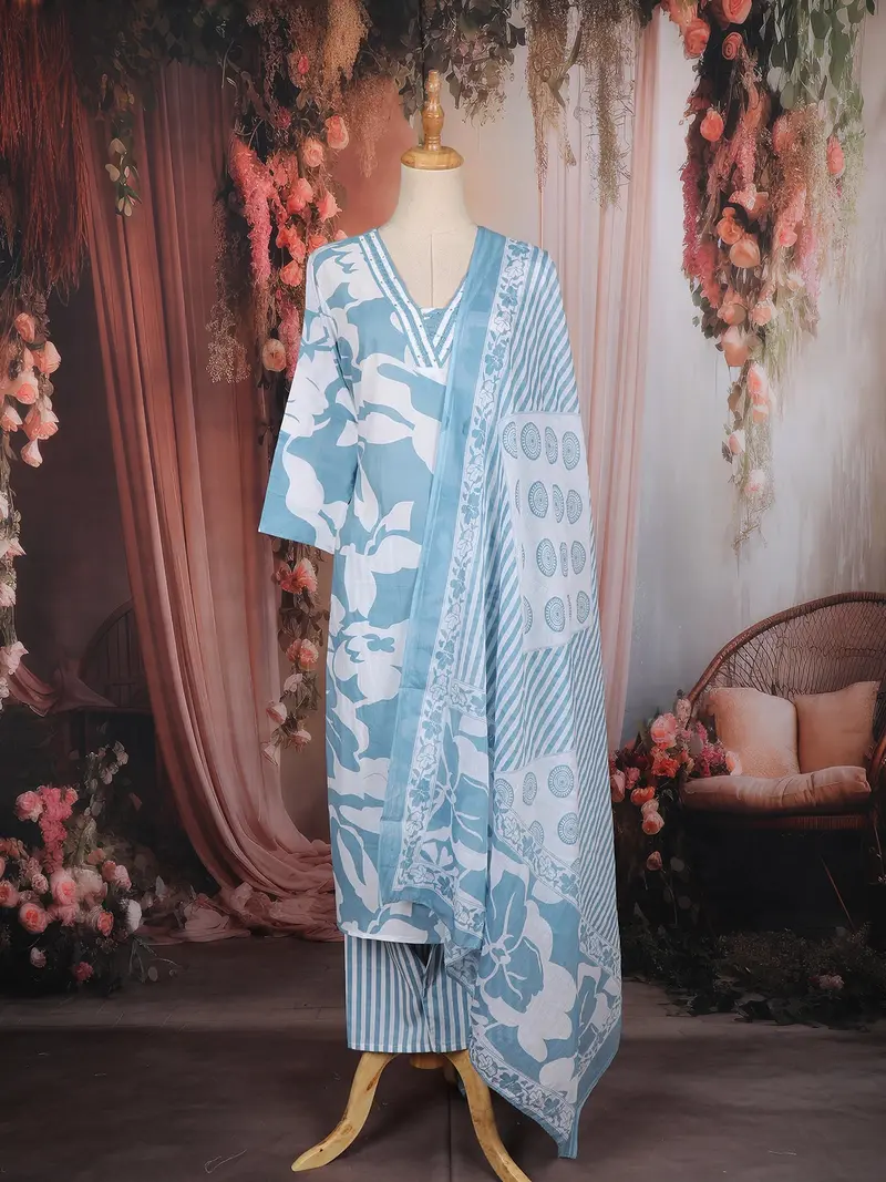 Sky Blue Floral Printed Cotton Salwar Suit With Printed Dupatta 1
