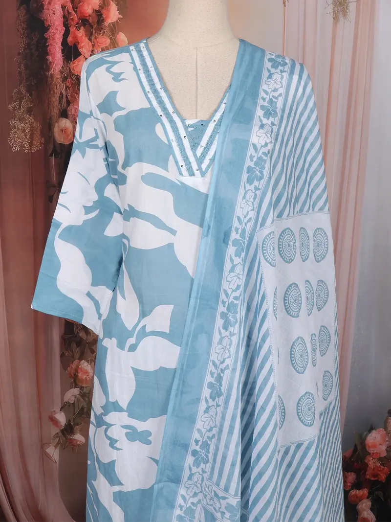 Sky Blue Floral Printed Cotton Salwar Suit With Printed Dupatta 2