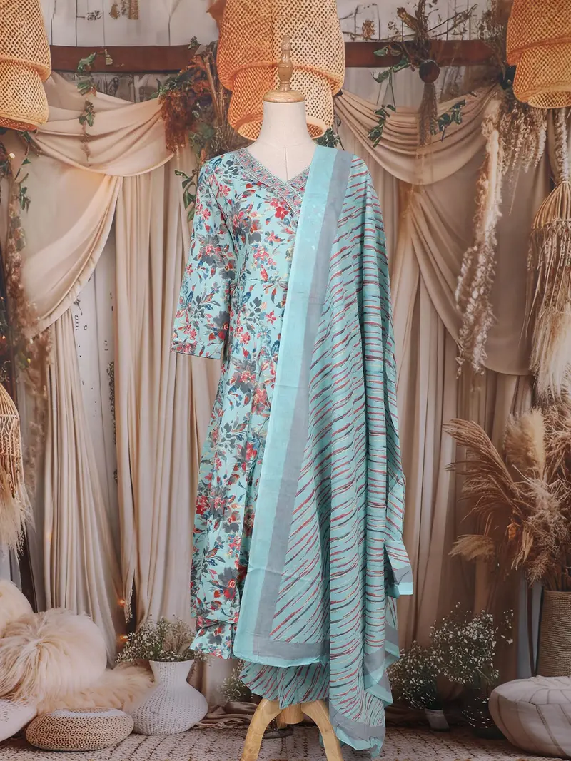 Sky Blue Floral Printed Design Cotton Anarkali Salwar Suit 1