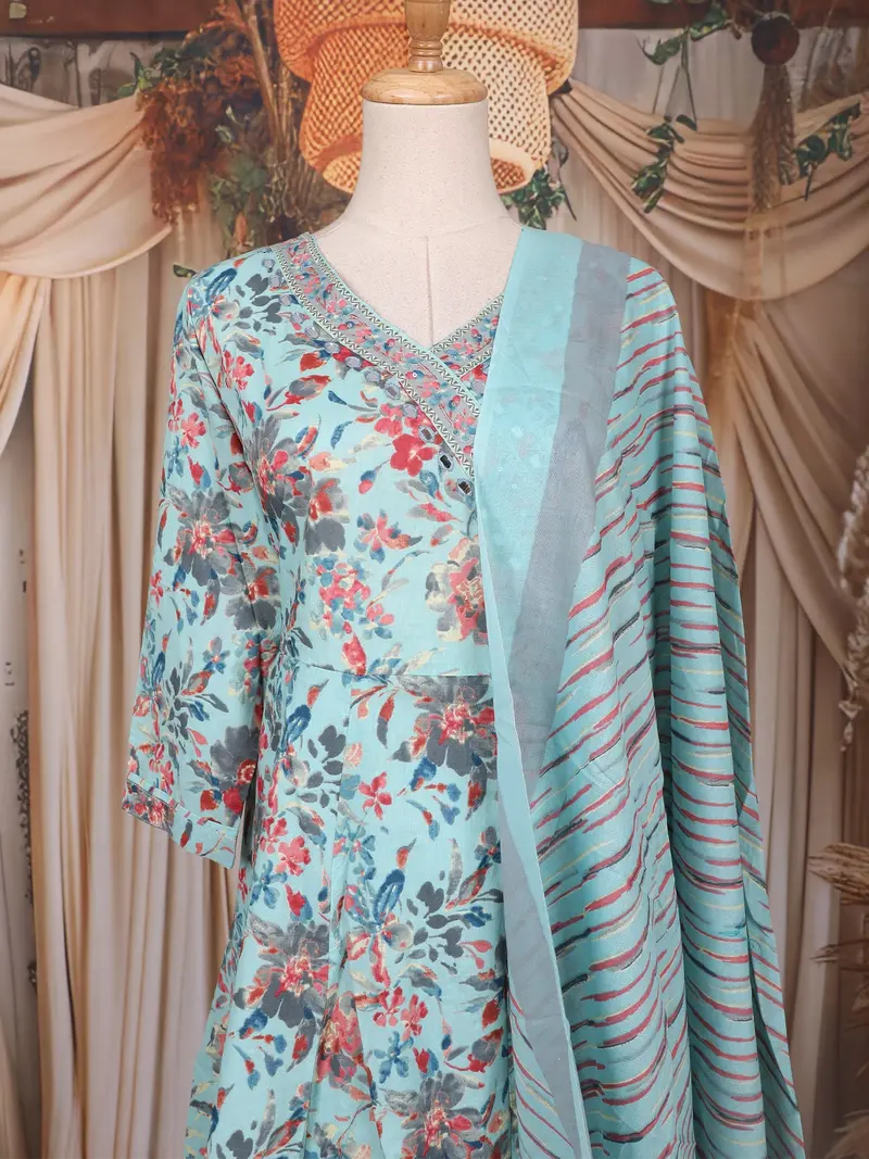 Sky Blue Floral Printed Design Cotton Anarkali Salwar Suit 2