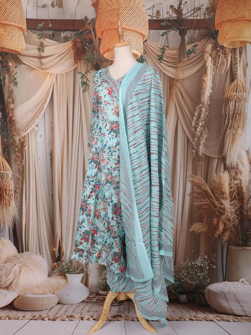 Sky Blue Floral Printed Design Cotton Anarkali Salwar Suit 3