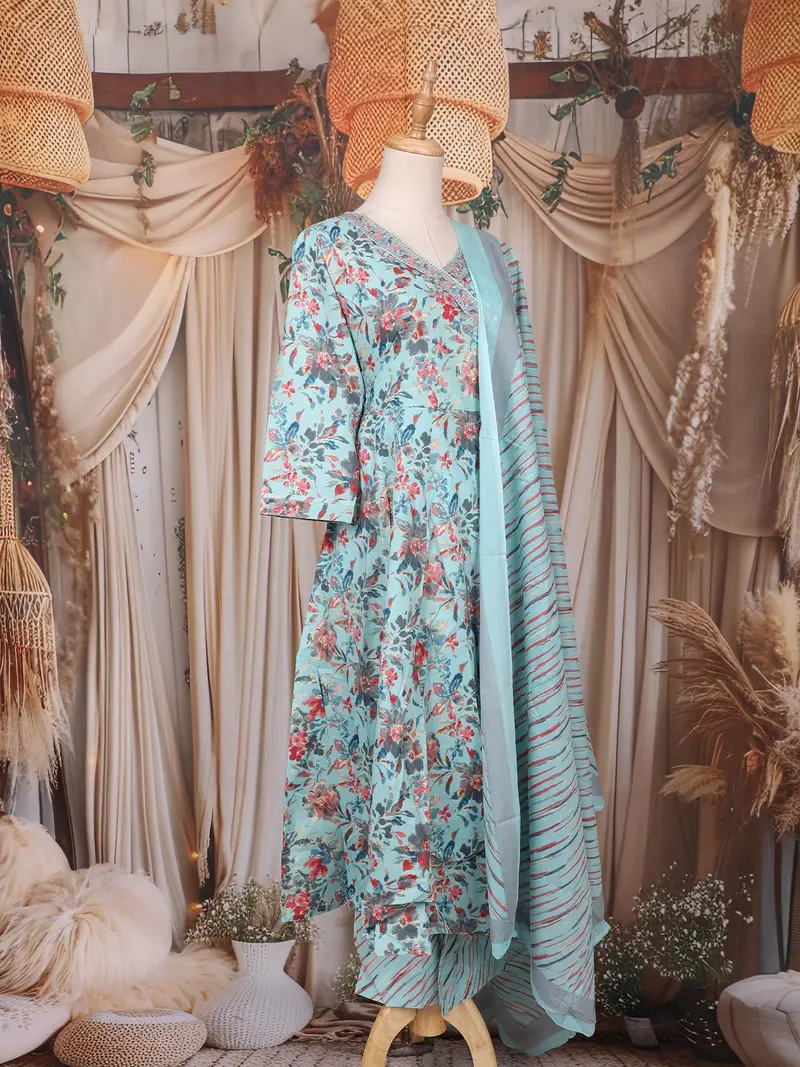 Sky Blue Floral Printed Design Cotton Anarkali Salwar Suit 4