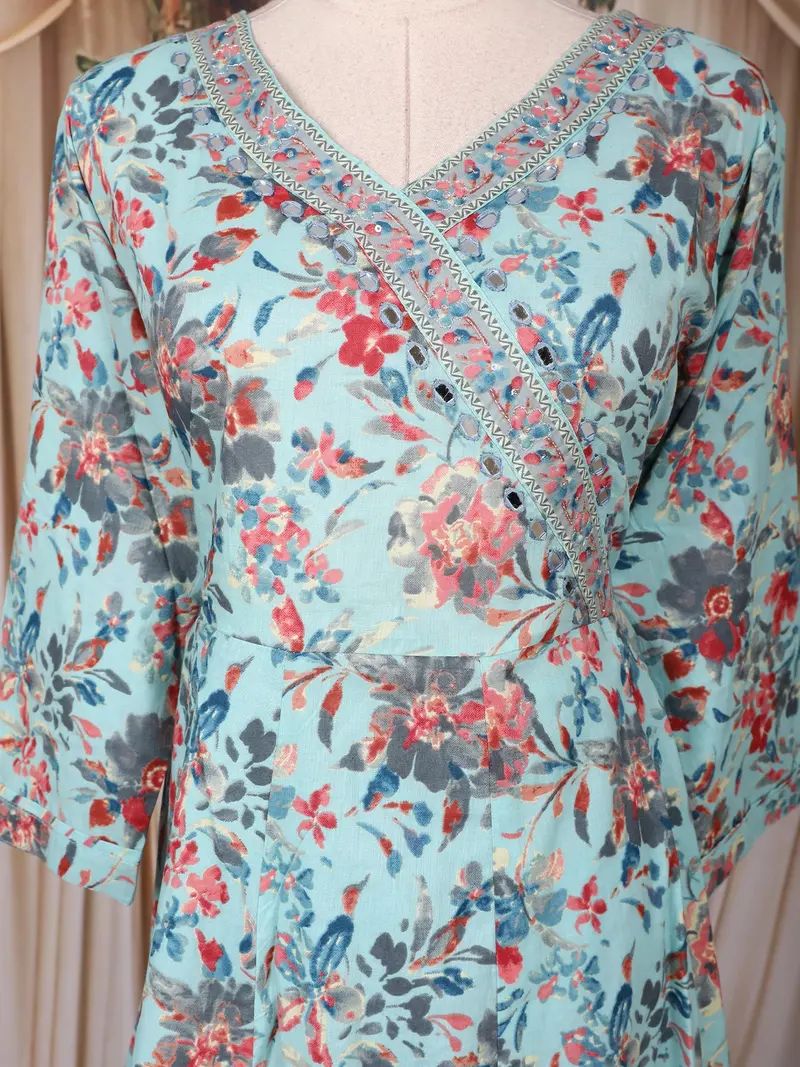 Sky Blue Floral Printed Design Cotton Anarkali Salwar Suit 5