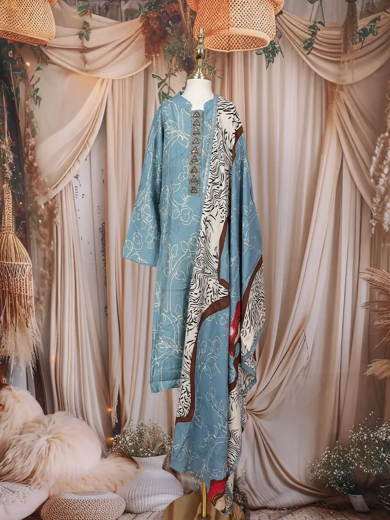 Sky Blue Floral Printed Design Cotton Straight Cut Salwar Suit With Dupatta 1