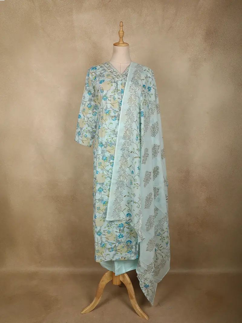 Sky Blue Floral Printed Design Cotton Straight Cut Salwar Suit With Dupatta 1