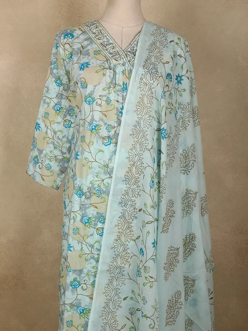 Sky Blue Floral Printed Design Cotton Straight Cut Salwar Suit With Dupatta 2