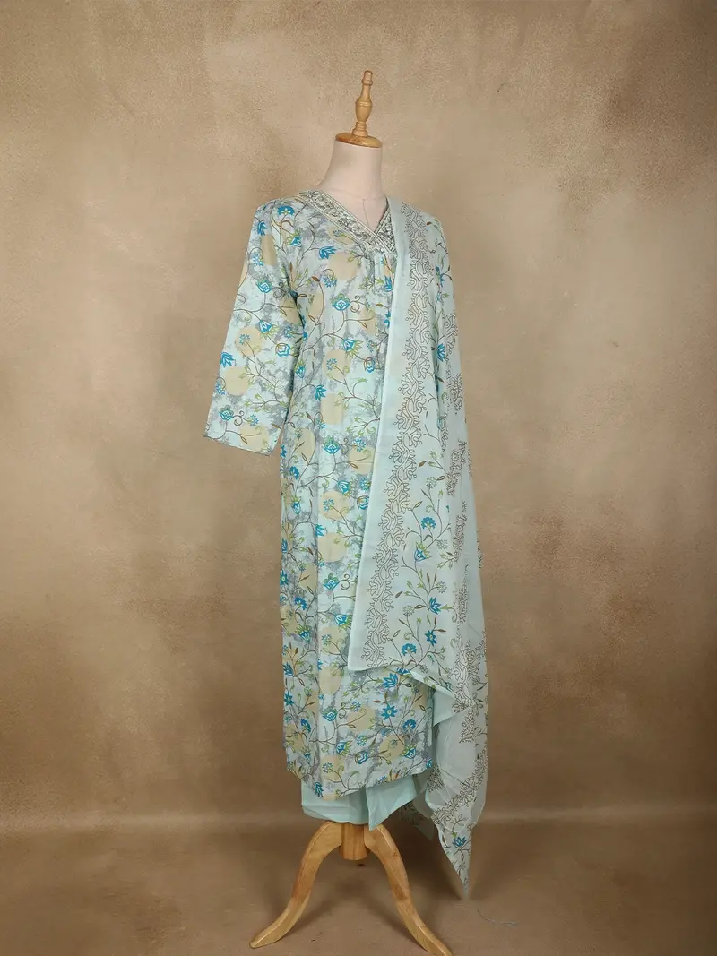 Sky Blue Floral Printed Design Cotton Straight Cut Salwar Suit With Dupatta 3