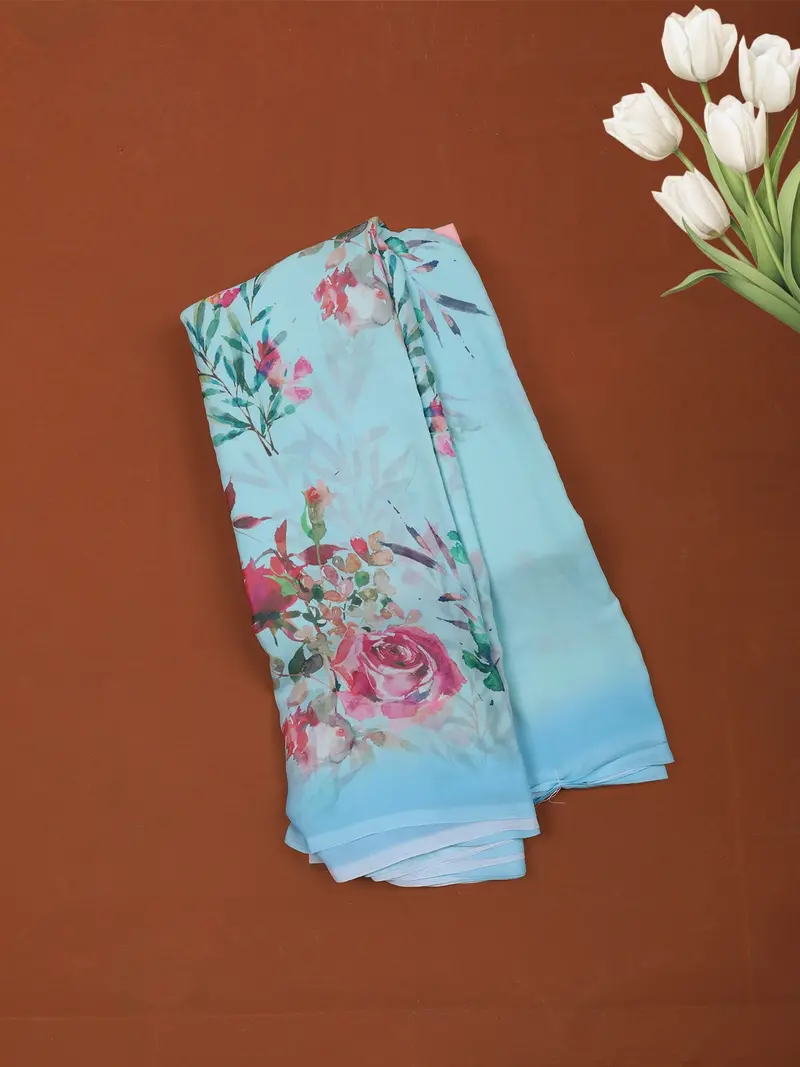 Sky Blue Floral Printed Design Soft Chiffon Saree 1