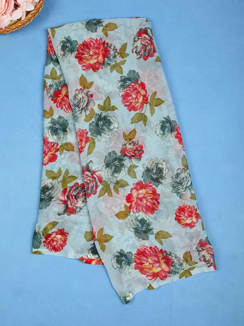 Sky Blue Floral Printed Georgette Saree 1