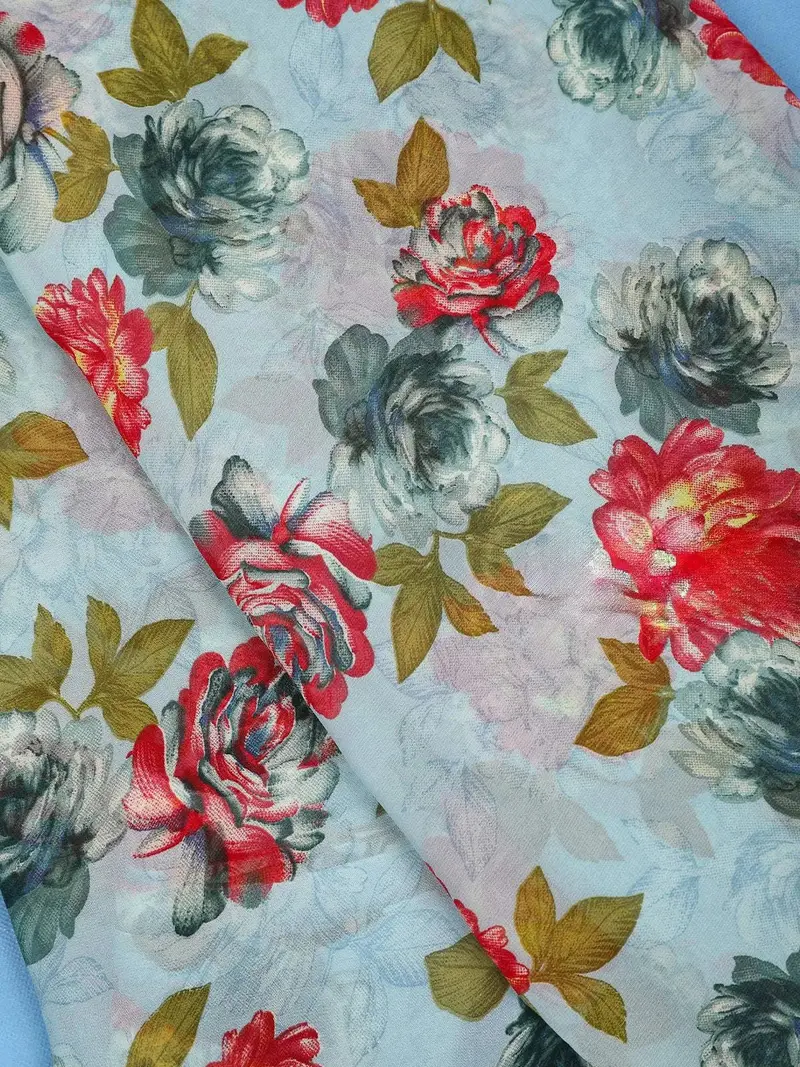 Sky Blue Floral Printed Georgette Saree 2