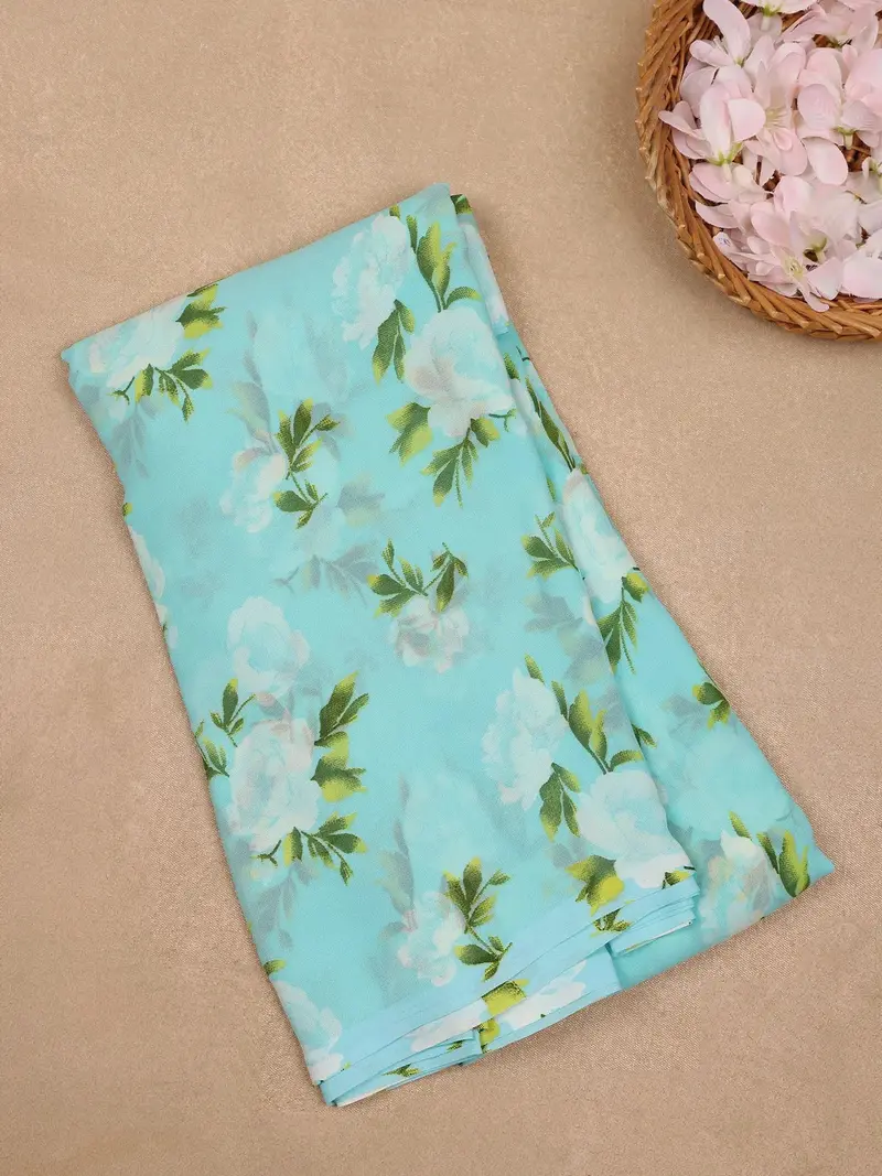 Sky Blue Floral Printed Georgette Saree With Matching Blouse 1