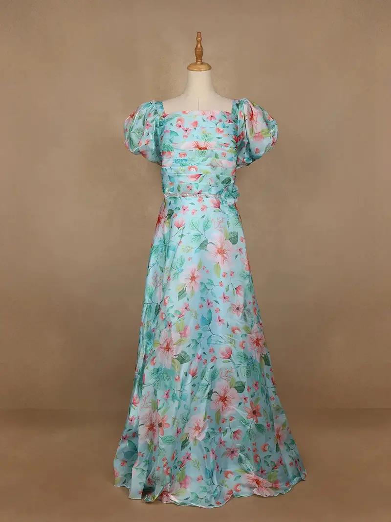 Sky Blue Floral Printed Organza Bridesmaid Gown 1