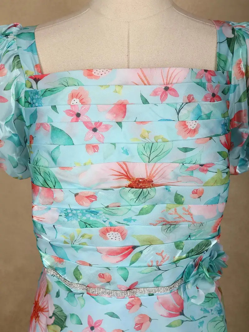 Sky Blue Floral Printed Organza Bridesmaid Gown 2