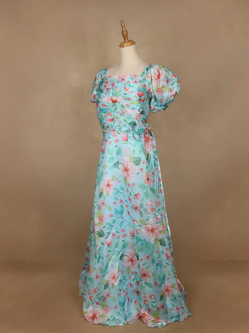 Sky Blue Floral Printed Organza Bridesmaid Gown 3