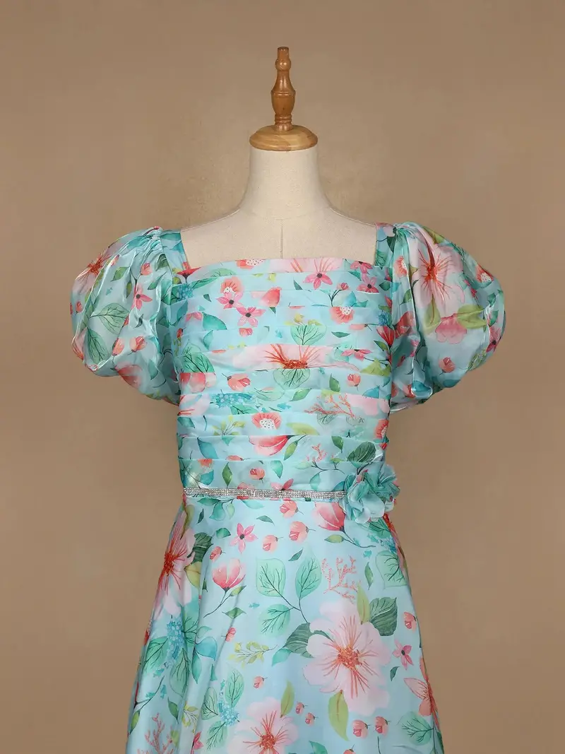 Sky Blue Floral Printed Organza Bridesmaid Gown 4