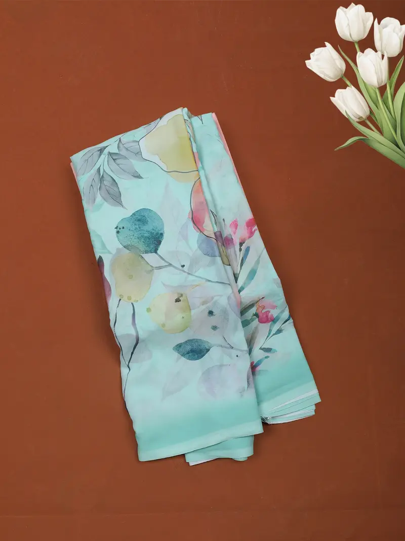 Sky Blue Floral Printed Soft Chiffon Saree 1