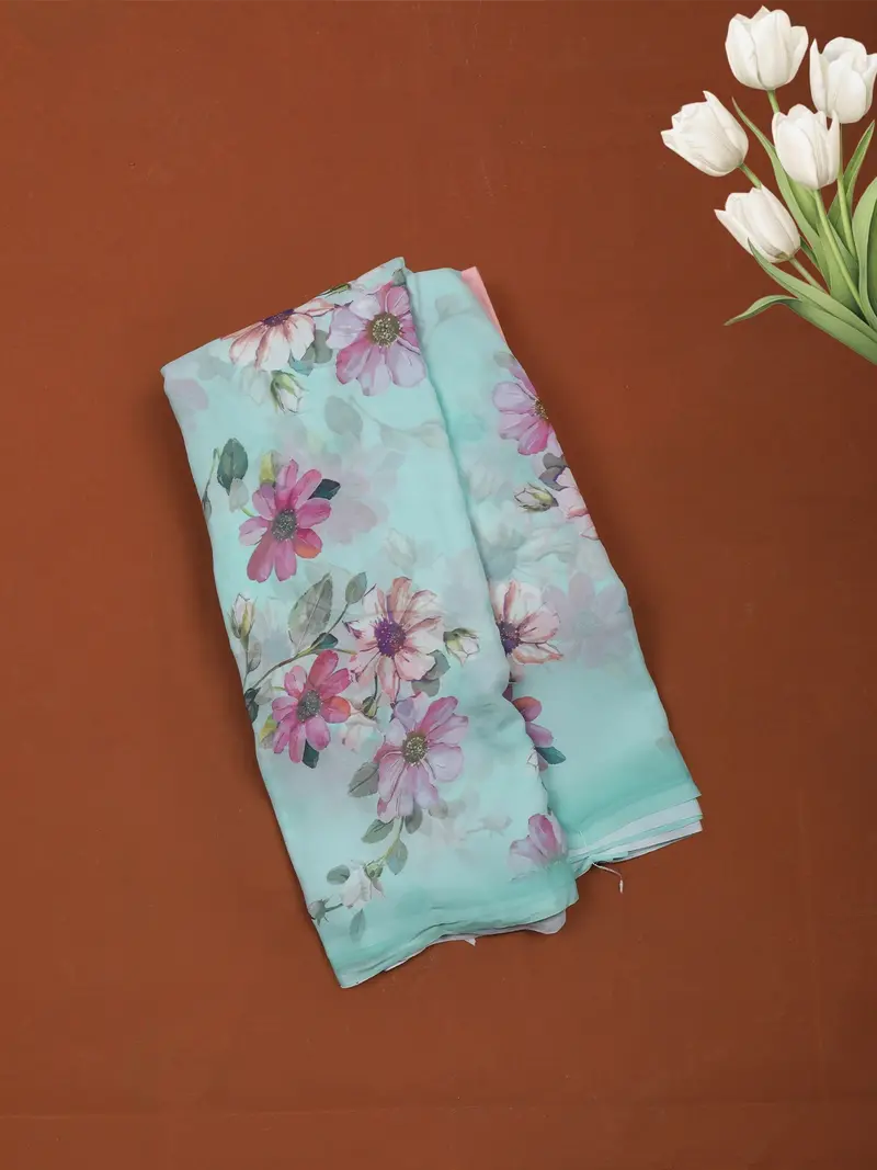 Sky Blue Floral Printed Soft Chiffon Saree 1