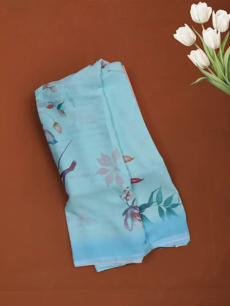 Sky Blue Floral Printed Soft Chiffon Saree 1