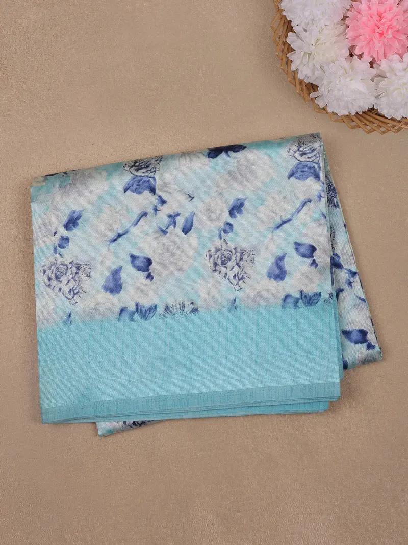 Sky Blue Floral Prints Fancy Chiffon Saree 1