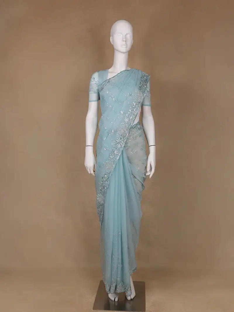 Sky Blue Floral Sequin Embroidered Organza Designer Saree 1