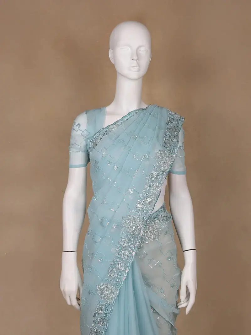 Sky Blue Floral Sequin Embroidered Organza Designer Saree 2