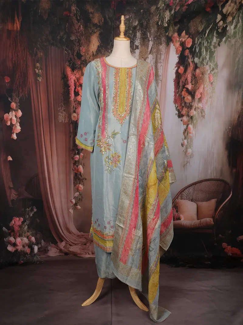 Sky Blue Floral Sequins Embroidery Tissue Silk Salwar Suit 1