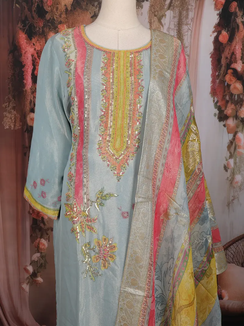 Sky Blue Floral Sequins Embroidery Tissue Silk Salwar Suit 2
