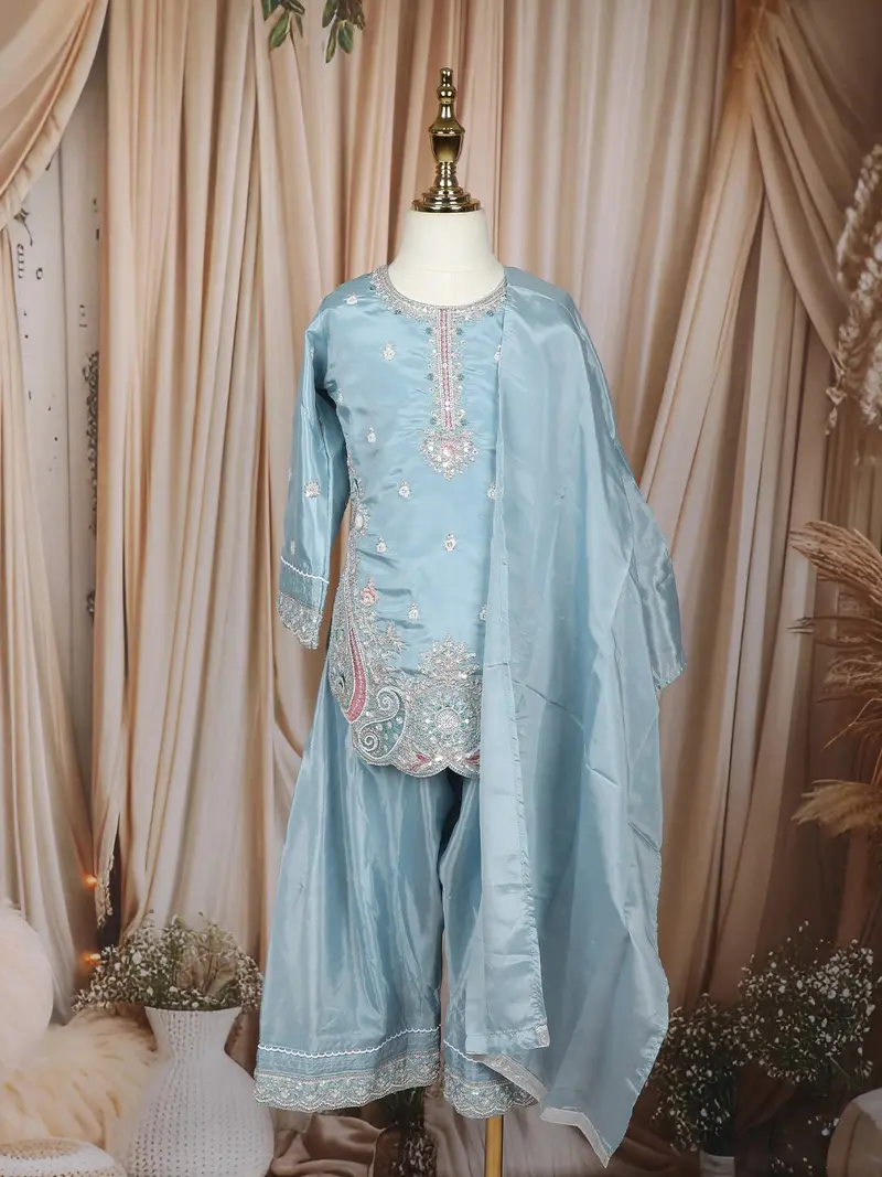 Sky Blue Floral Thread And Sequins Embroidered Design Tissue Silk Kids Palazzo Suit 1
