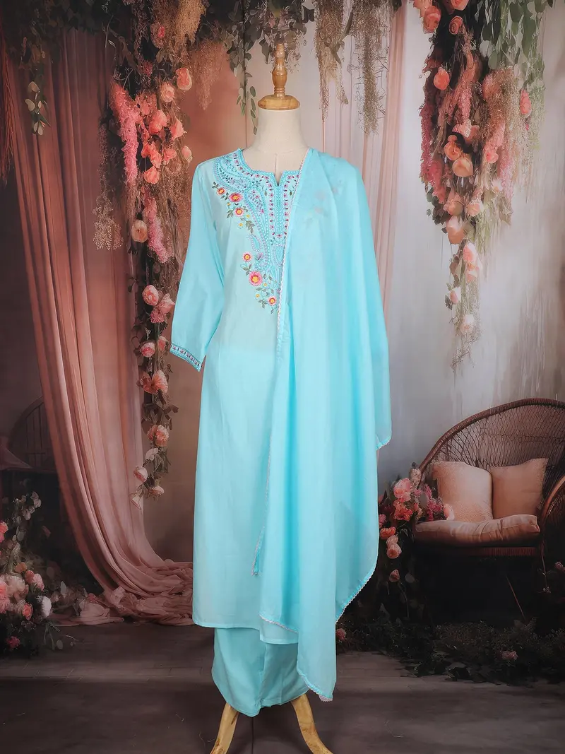 Sky Blue Floral Thread Embroidered Cotton Salwar Suit With Dupatta 1