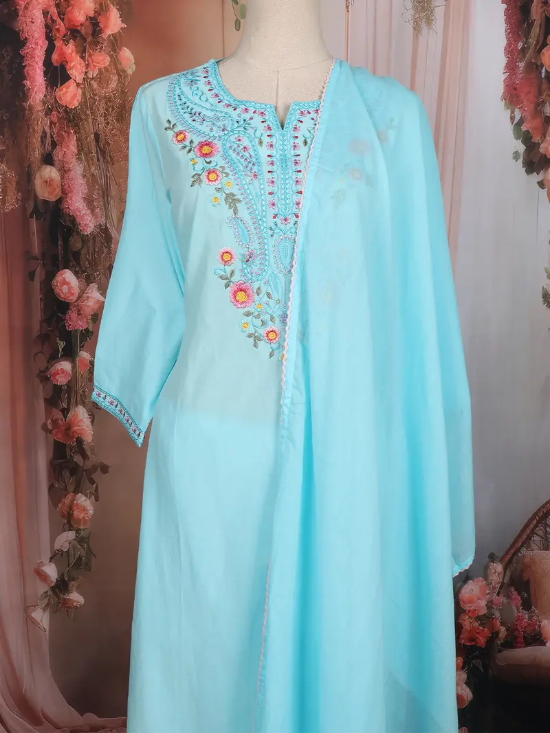 Sky Blue Floral Thread Embroidered Cotton Salwar Suit With Dupatta 2