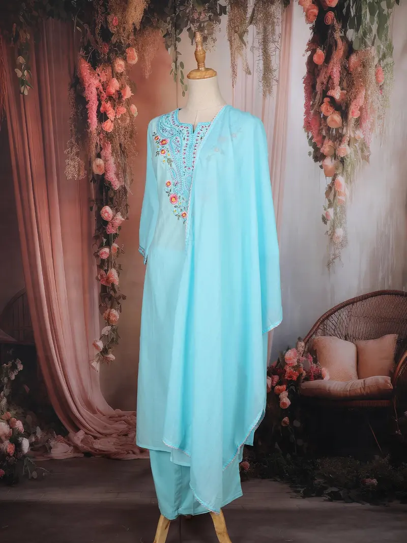 Sky Blue Floral Thread Embroidered Cotton Salwar Suit With Dupatta 3
