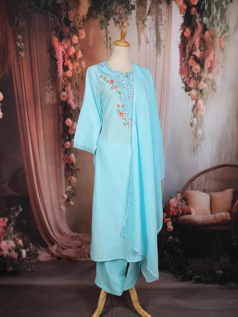 Sky Blue Floral Thread Embroidered Cotton Salwar Suit With Dupatta 4