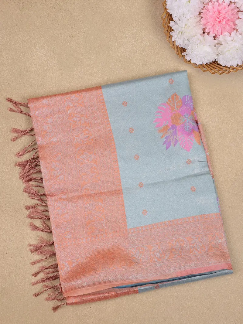 Sky Blue Floral Woven Art Silk Saree With Contrast Peach Zari Border 1
