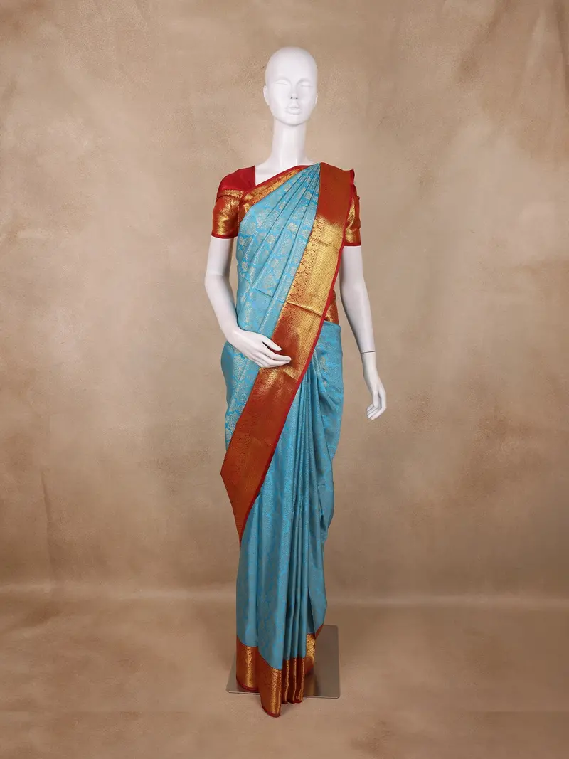 Sky Blue Floral Woven Design Kanchipuram Silk Saree 1