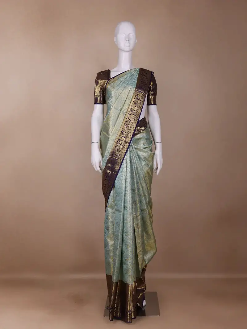 Sky Blue Floral Woven Pure Kanchipuram Silk Saree 1