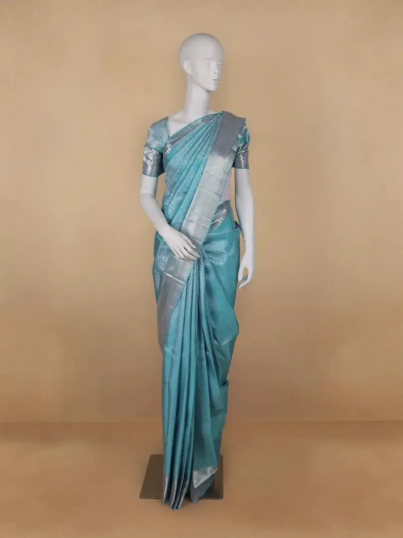 Sky Blue Floral Woven Pure Kanchipuram Silk Saree 1