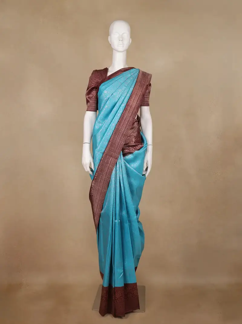 Sky Blue Floral Woven Pure Kanchipuram Silk Saree 1