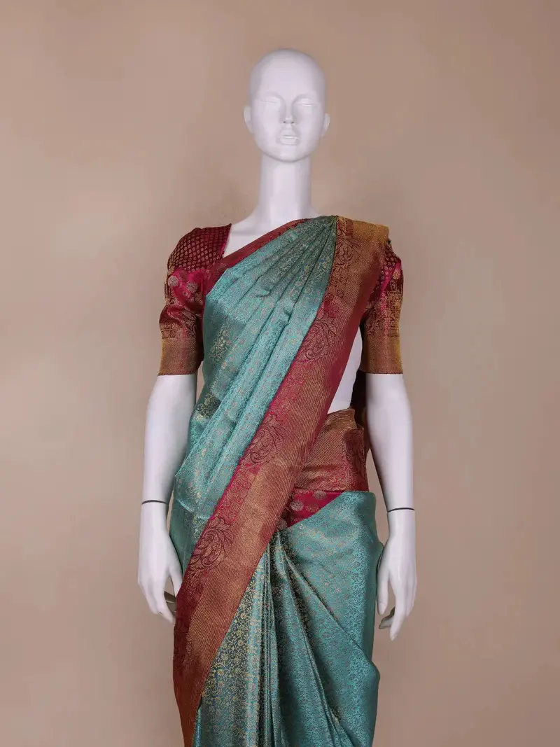 Sky Blue Floral Woven Pure Kanchipuram Silk Saree 2