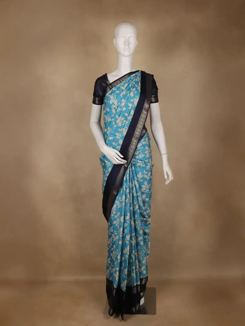 Sky Blue Floral Woven Tussar Silk Saree With Navy Border 1