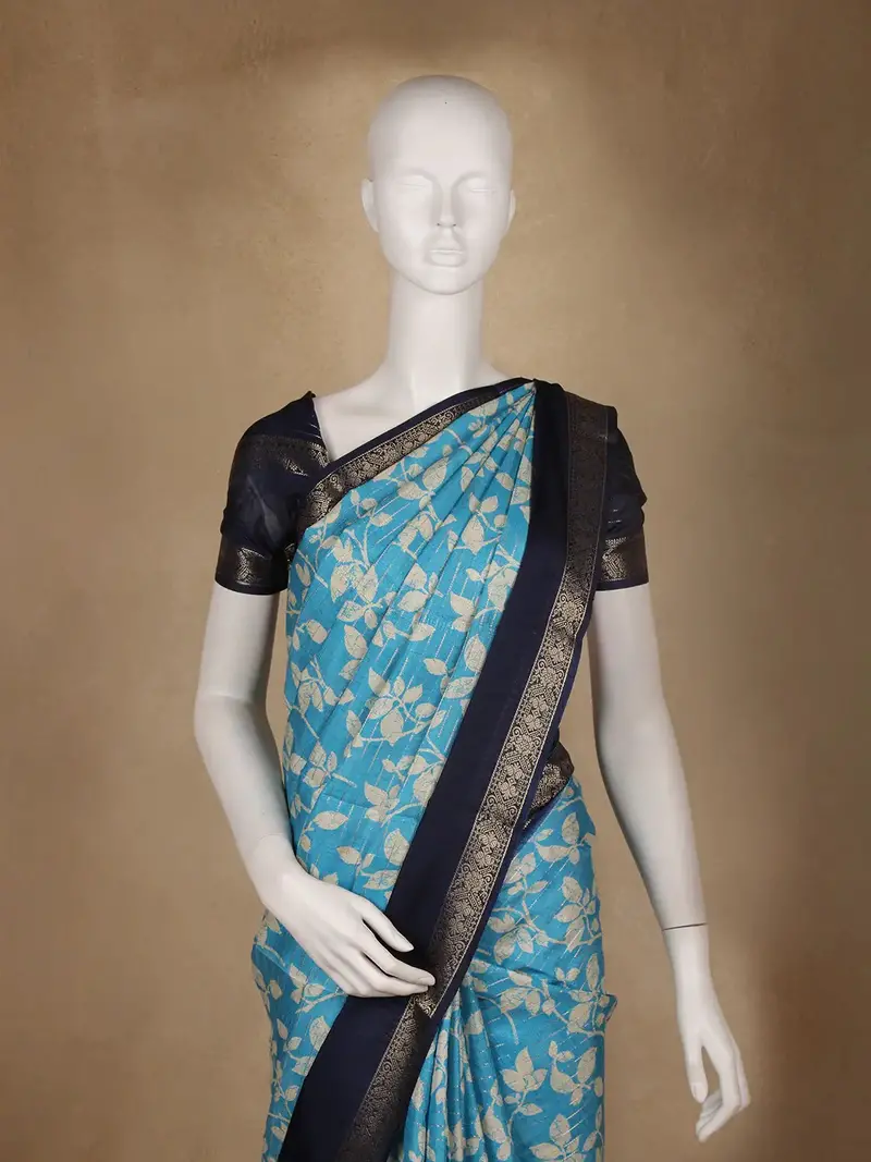 Sky Blue Floral Woven Tussar Silk Saree With Navy Border 2