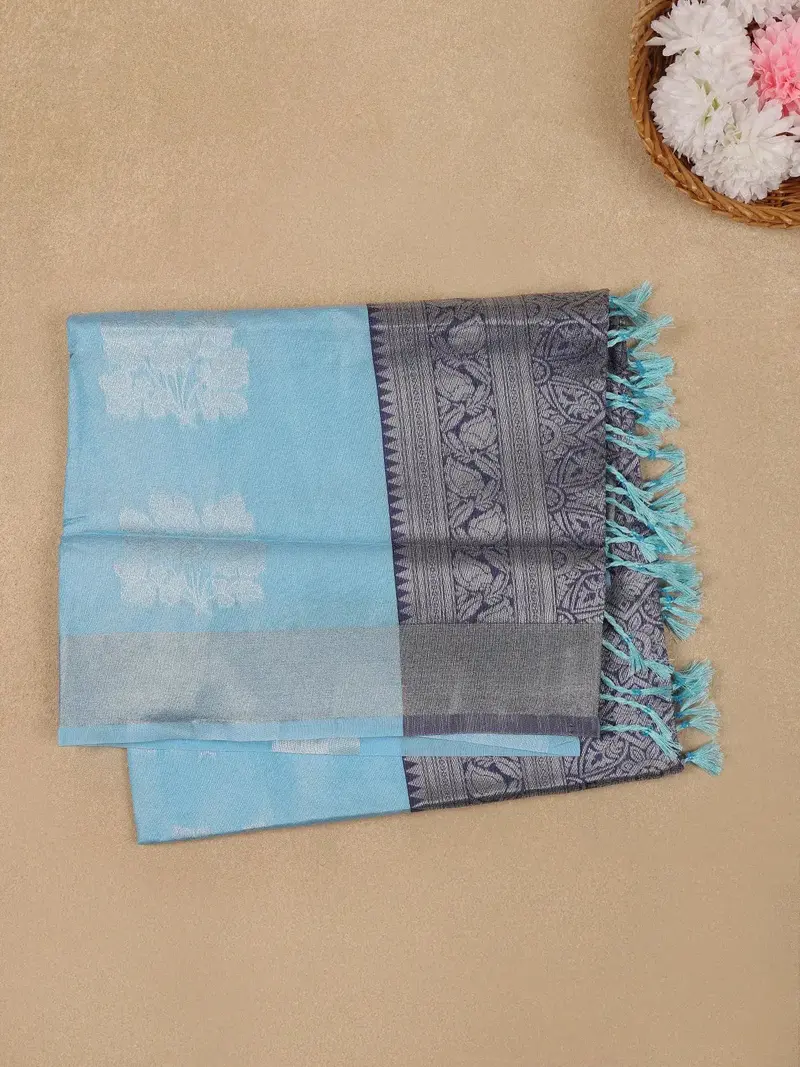 Sky Blue Geometric Diamond Designed Silk Saree 1