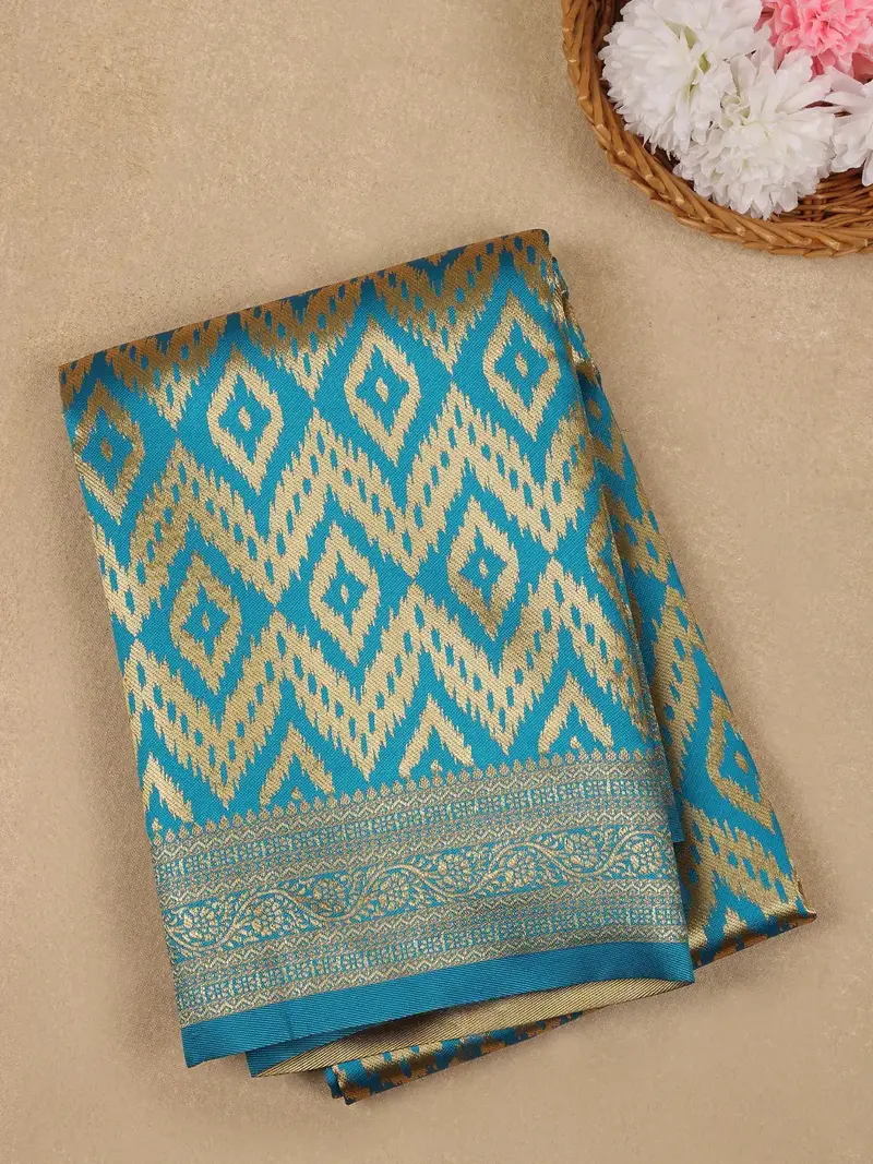 Sky Blue Geometric Ikat Design Silk Saree 1