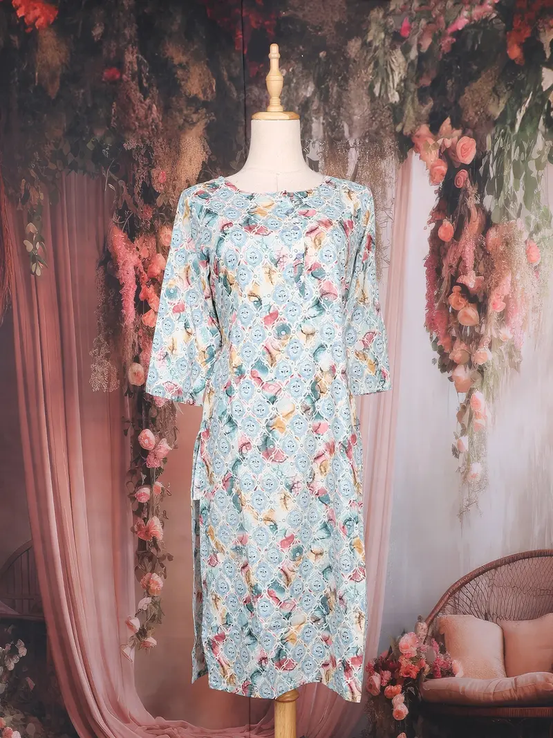 Sky Blue Geometric Printed Design Cotton Kurti 1